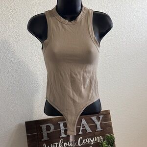 Happily Grey Neutral Taupe Ribbed Bodysuit Tank - Size Medium/Large